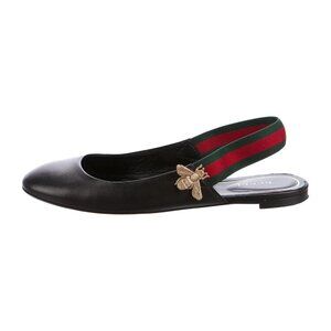 GUCCI Bayadere Web Stripe Bee Black Leather Slingback Flats Size EU 37.5